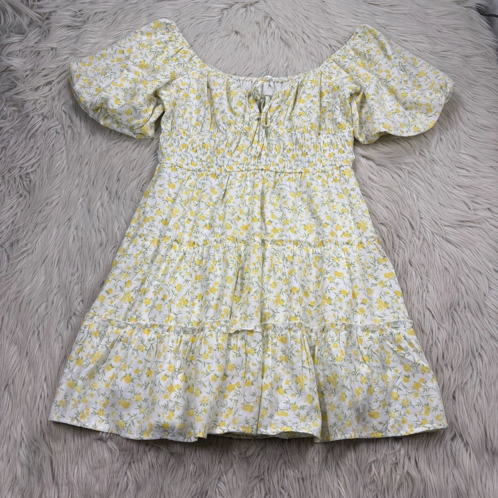 Trixxi Women's M Yellow Floral Puff Sleeve Fit Flare Dress Milkmaid Coquette